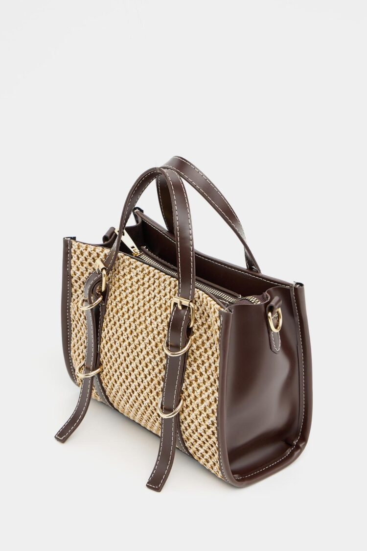 Leather Detailed Straw Knit Women's Handbag — Bohemian Style Shoulder and Handbag Brown