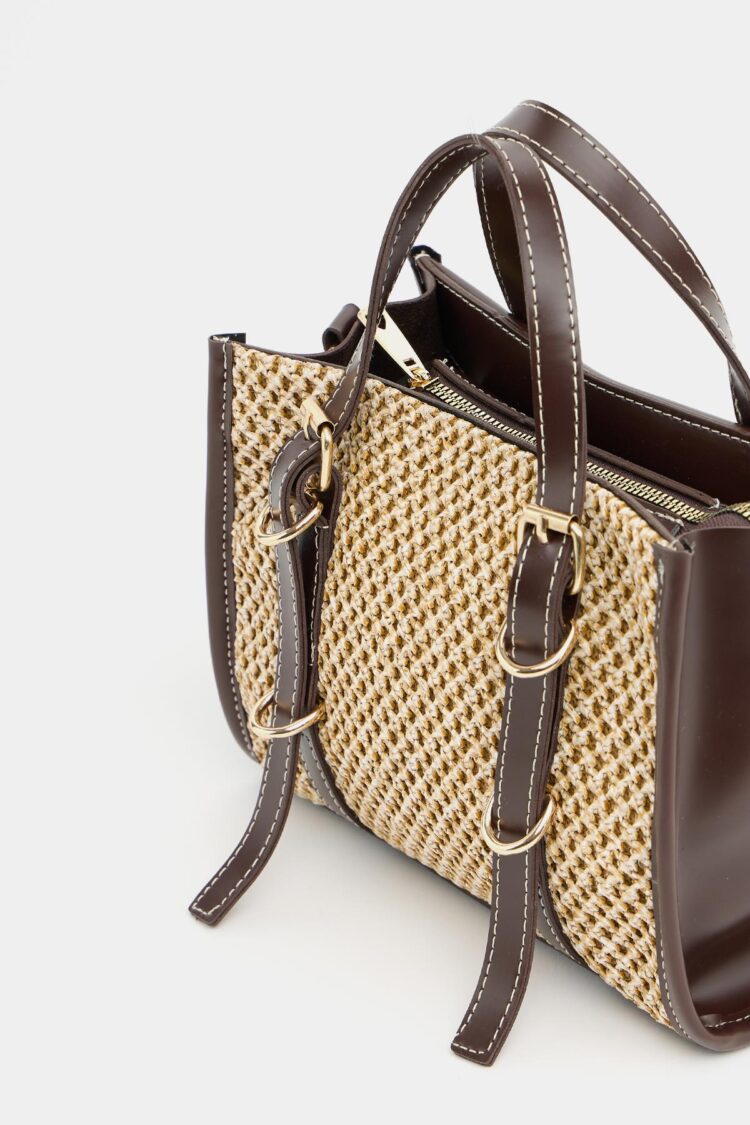 Leather Detailed Straw Knit Women's Handbag — Bohemian Style Shoulder and Handbag Brown