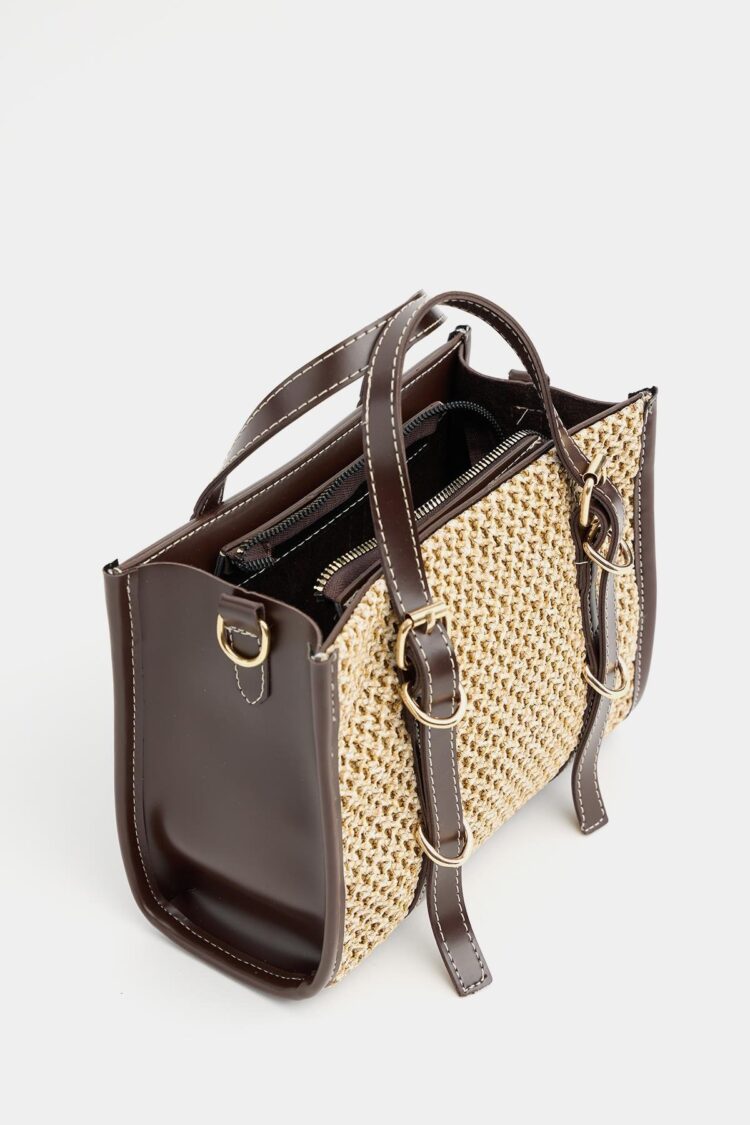 Leather Detailed Straw Knit Women's Handbag — Bohemian Style Shoulder and Handbag Brown