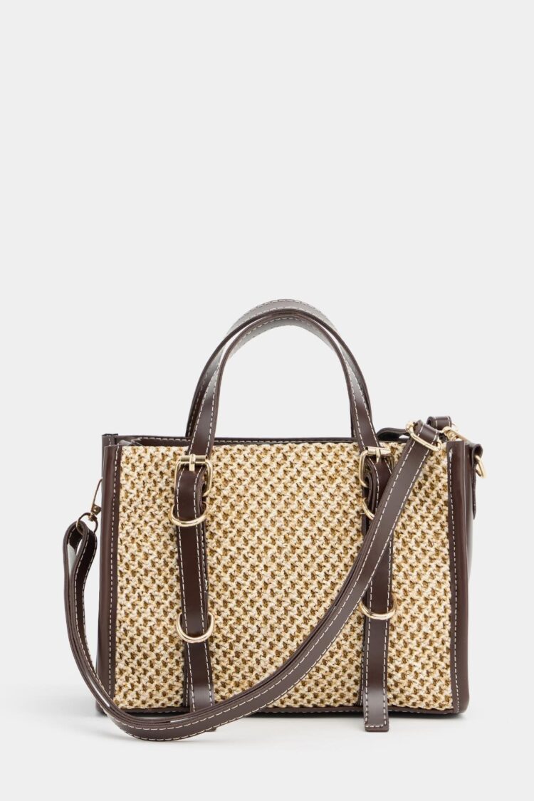 Leather Detailed Straw Knit Women's Handbag — Bohemian Style Shoulder and Handbag Brown
