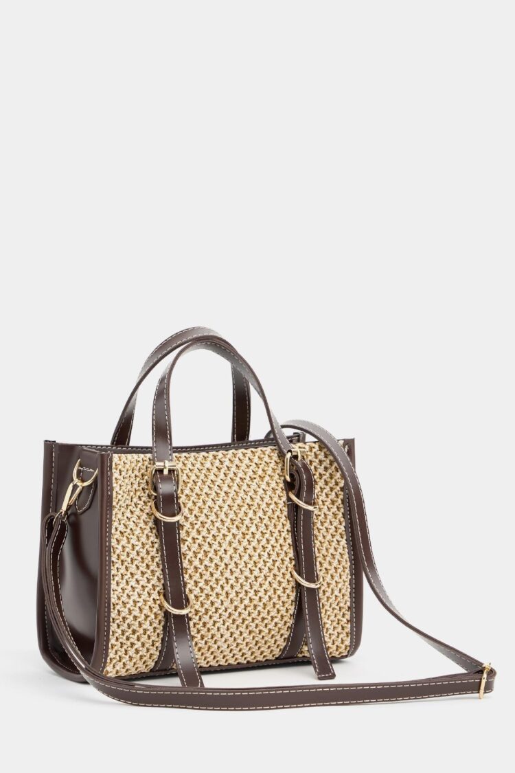 Leather Detailed Straw Knit Women's Handbag — Bohemian Style Shoulder and Handbag Brown