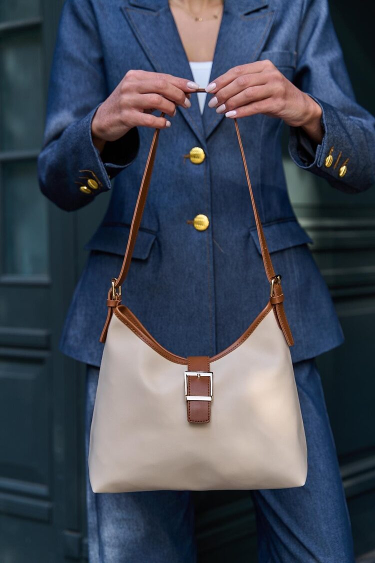 Gold Buckle Detailed Hand and Shoulder Bag Cream