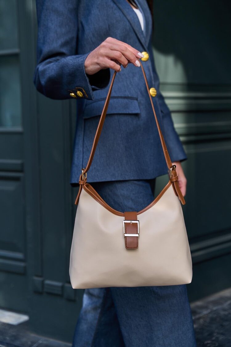 Gold Buckle Detailed Hand and Shoulder Bag Cream