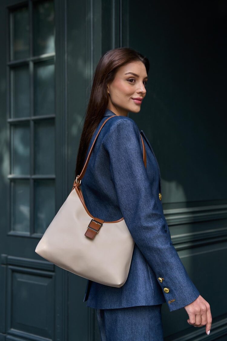 Gold Buckle Detailed Hand and Shoulder Bag Cream