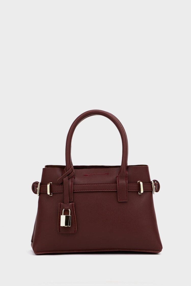 Mini Lock Detailed Hand and Shoulder Bag Burgundy