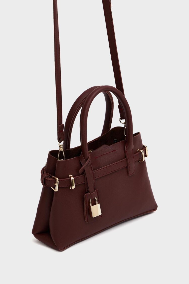 Mini Lock Detailed Hand and Shoulder Bag Burgundy