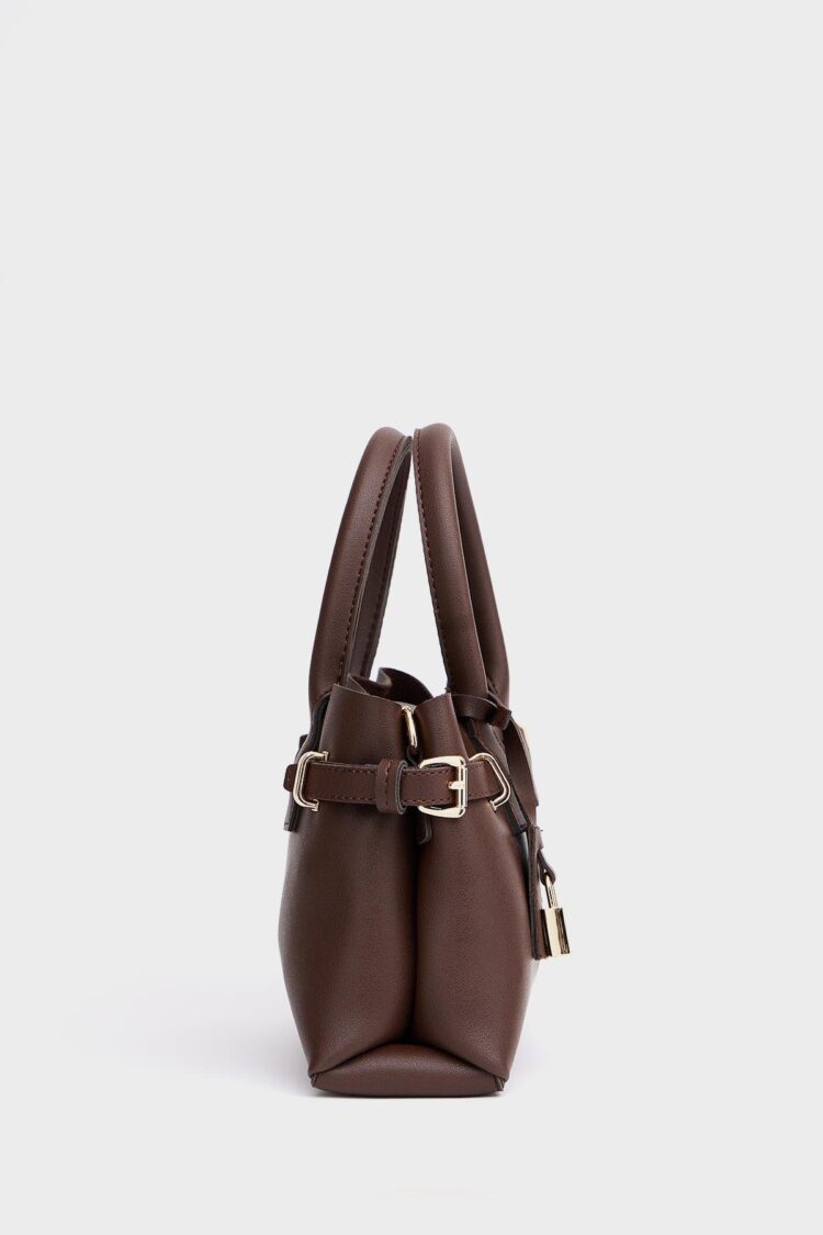 Mini Lock Detailed Hand and Shoulder Bag Brown