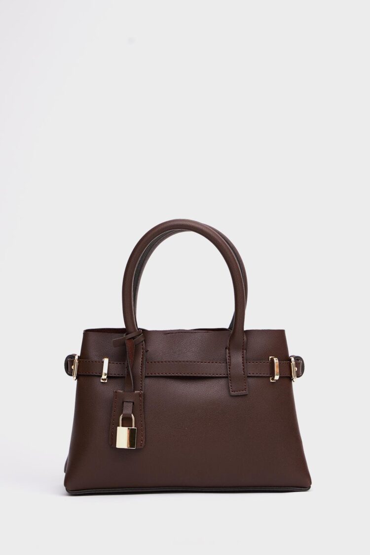 Mini Lock Detailed Hand and Shoulder Bag Brown
