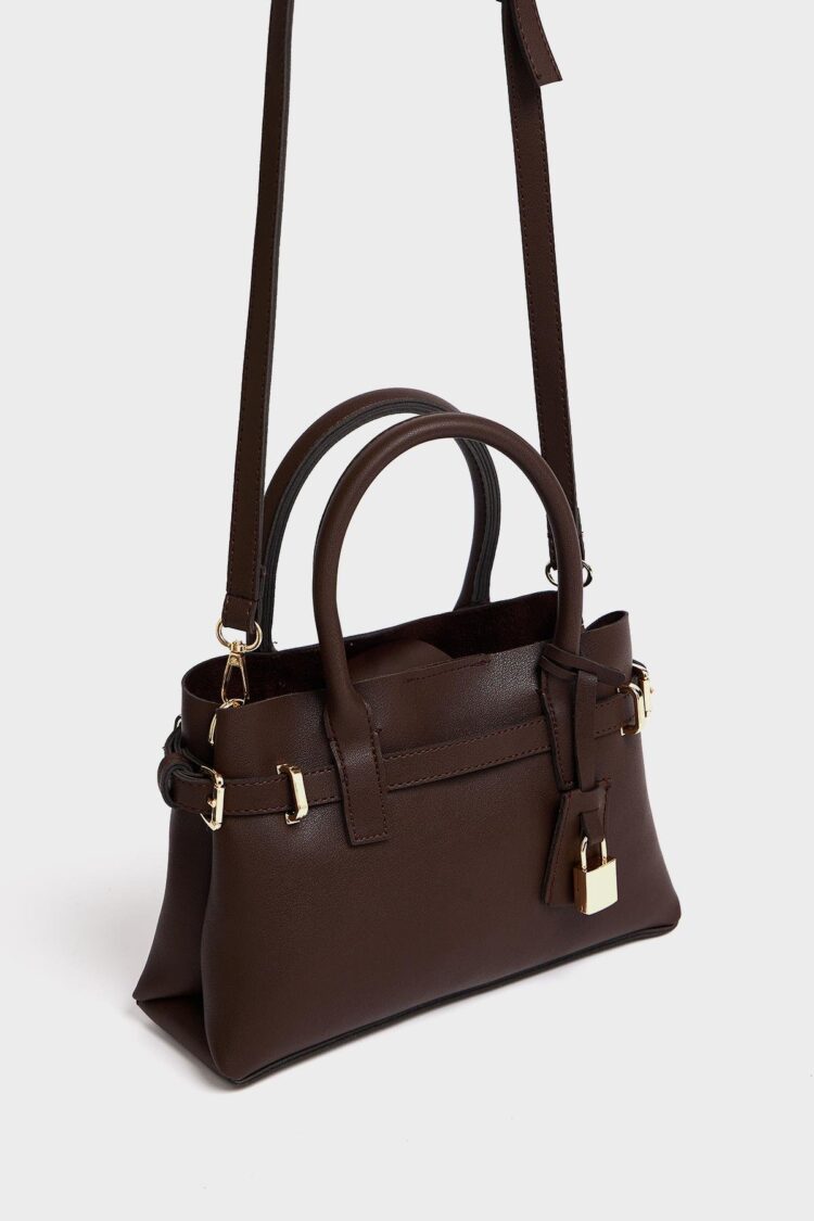 Mini Lock Detailed Hand and Shoulder Bag Brown