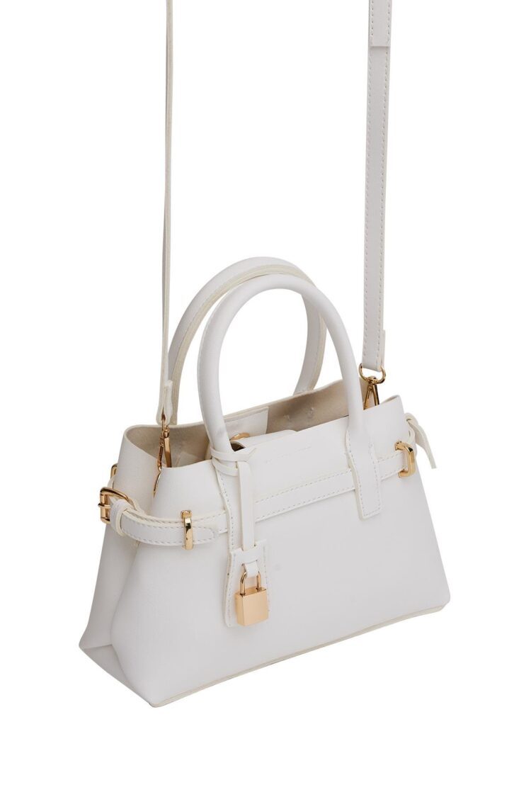 Mini Lock Detailed Hand and Shoulder Bag White