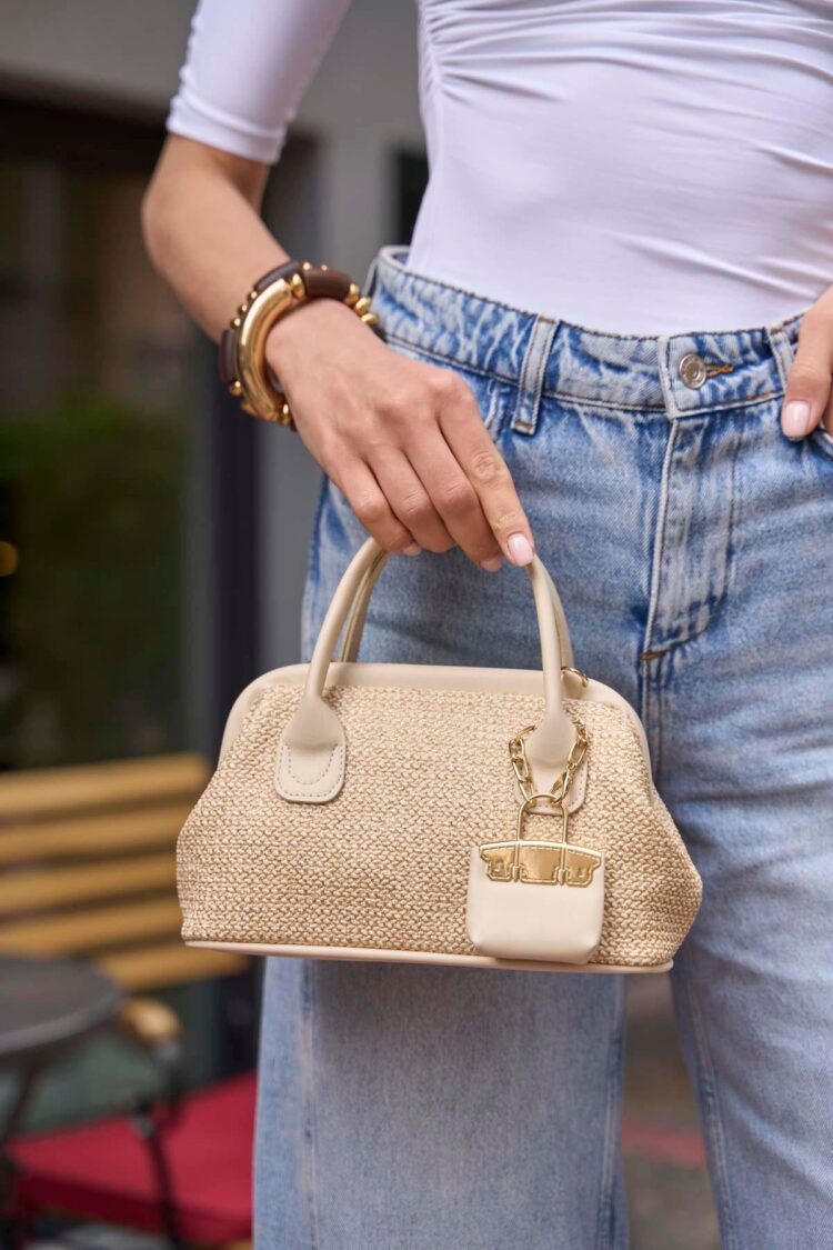 Mesh Textured Mini Handbag Cream