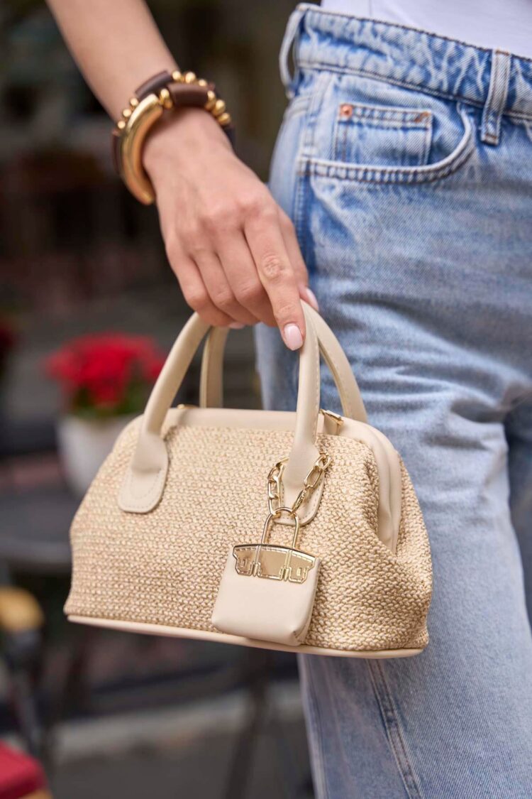 Mesh Textured Mini Handbag Cream