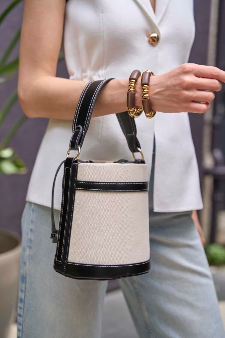 Contrast Stitched Bucket Hand and Shoulder Bag Canvas- Black