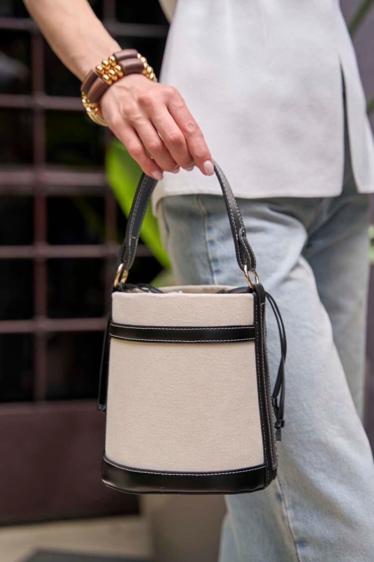 Contrast Stitched Bucket Hand and Shoulder Bag Canvas- Black