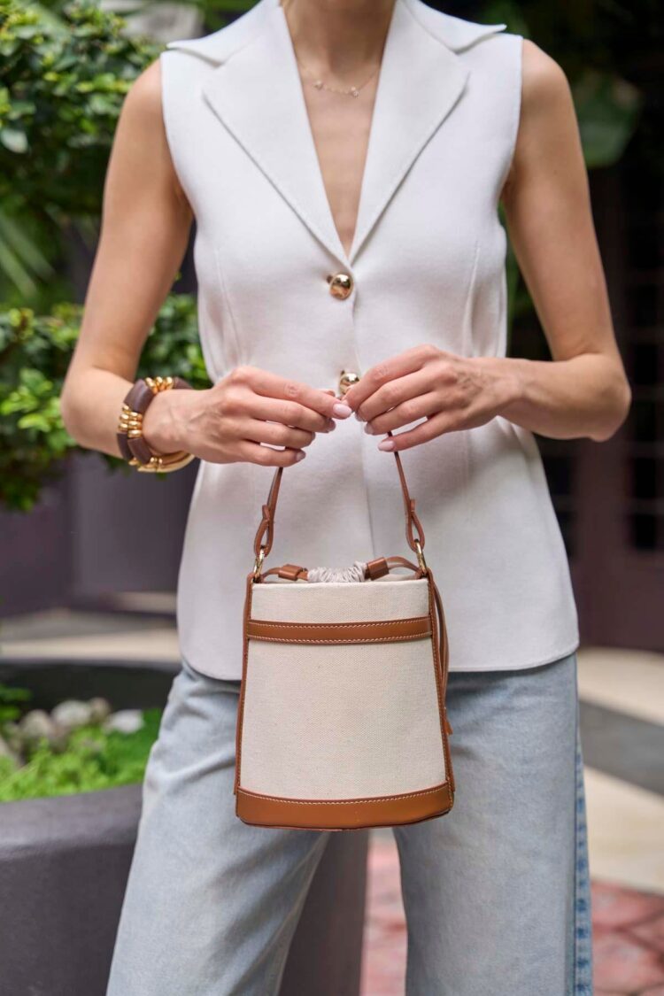 Contrast Stitched Bucket Hand and Shoulder Bag Canvas-Taba