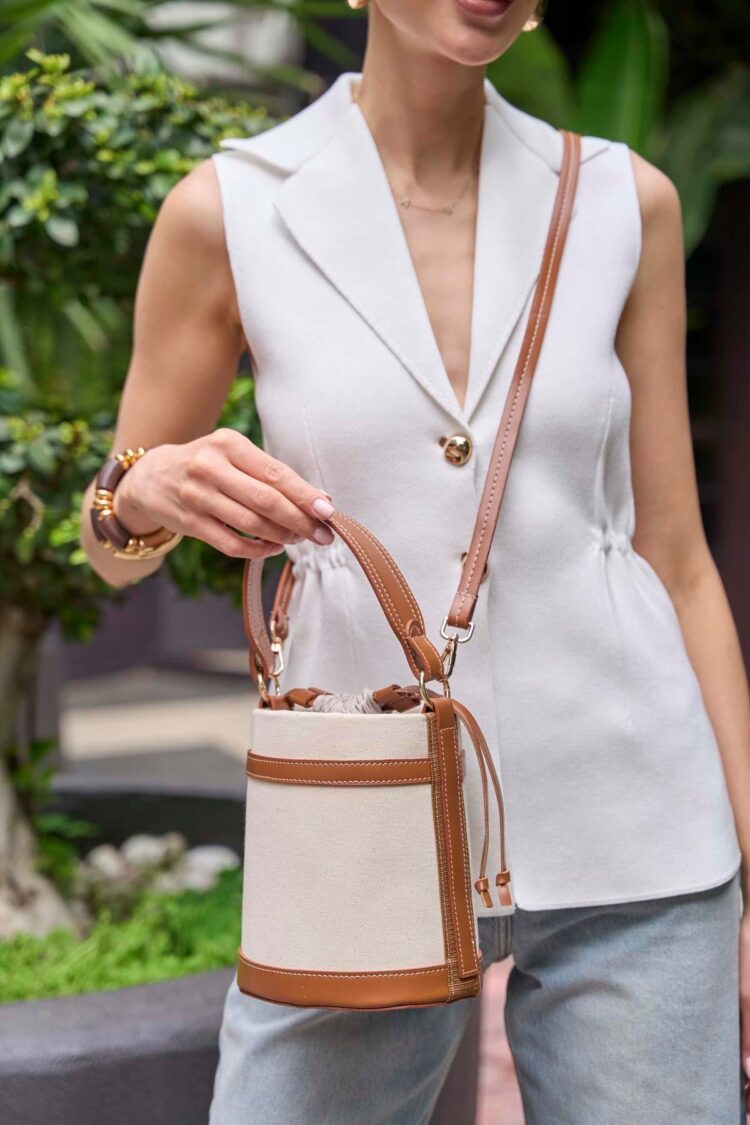 Contrast Stitched Bucket Hand and Shoulder Bag Canvas-Taba