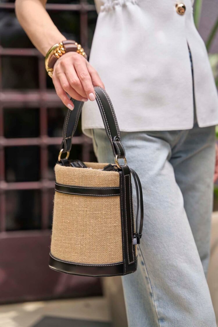 Contrast Stitched Bucket Hand and Shoulder Bag Black Straw - Brand: Mina Fashion - Women & Kids, Baby Clothes Wholesale - Globality Store