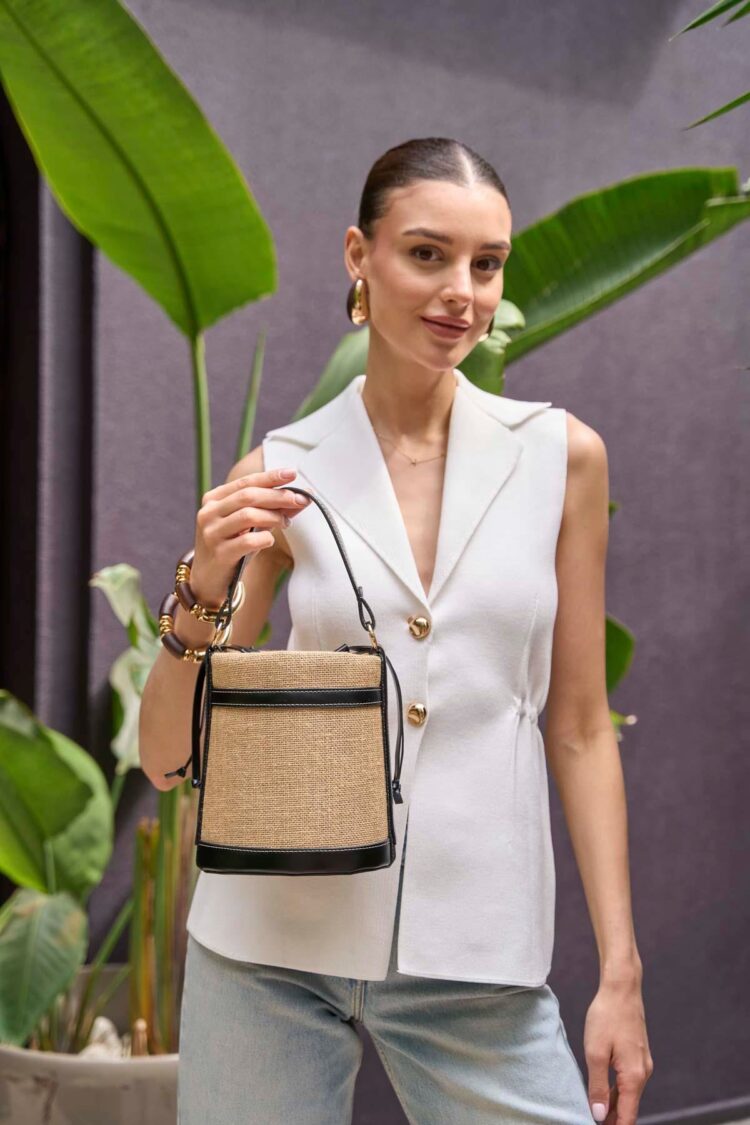 Contrast Stitched Bucket Hand and Shoulder Bag Black Straw