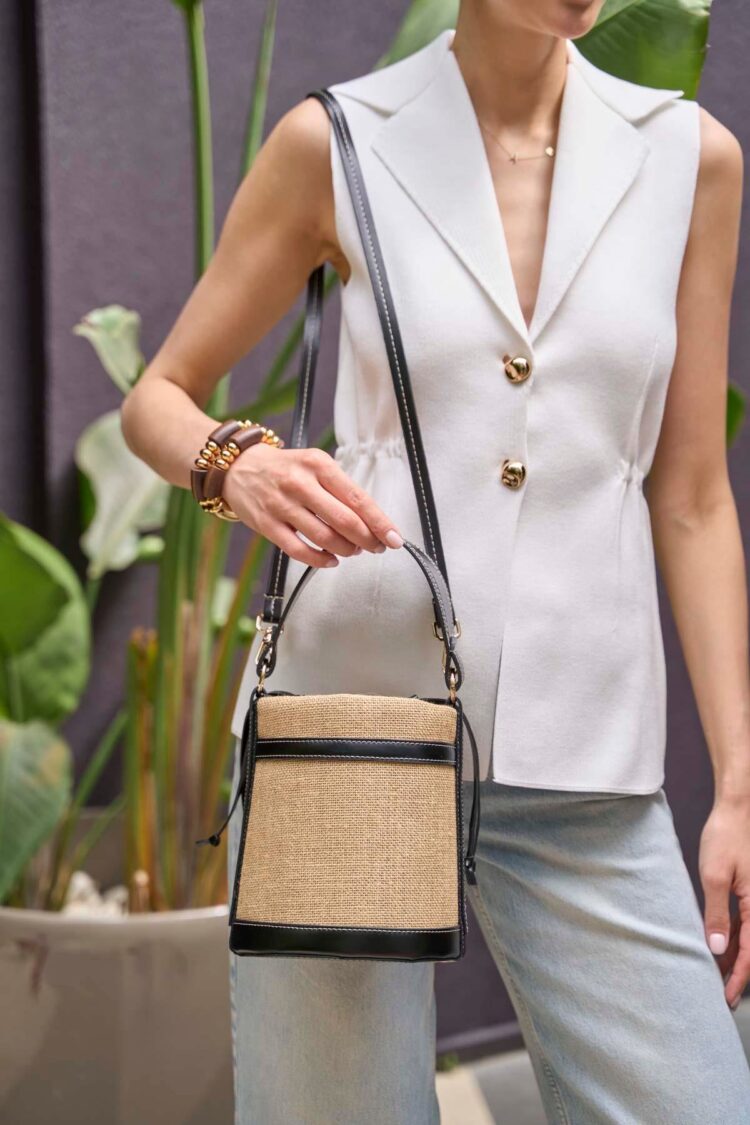 Contrast Stitched Bucket Hand and Shoulder Bag Black Straw