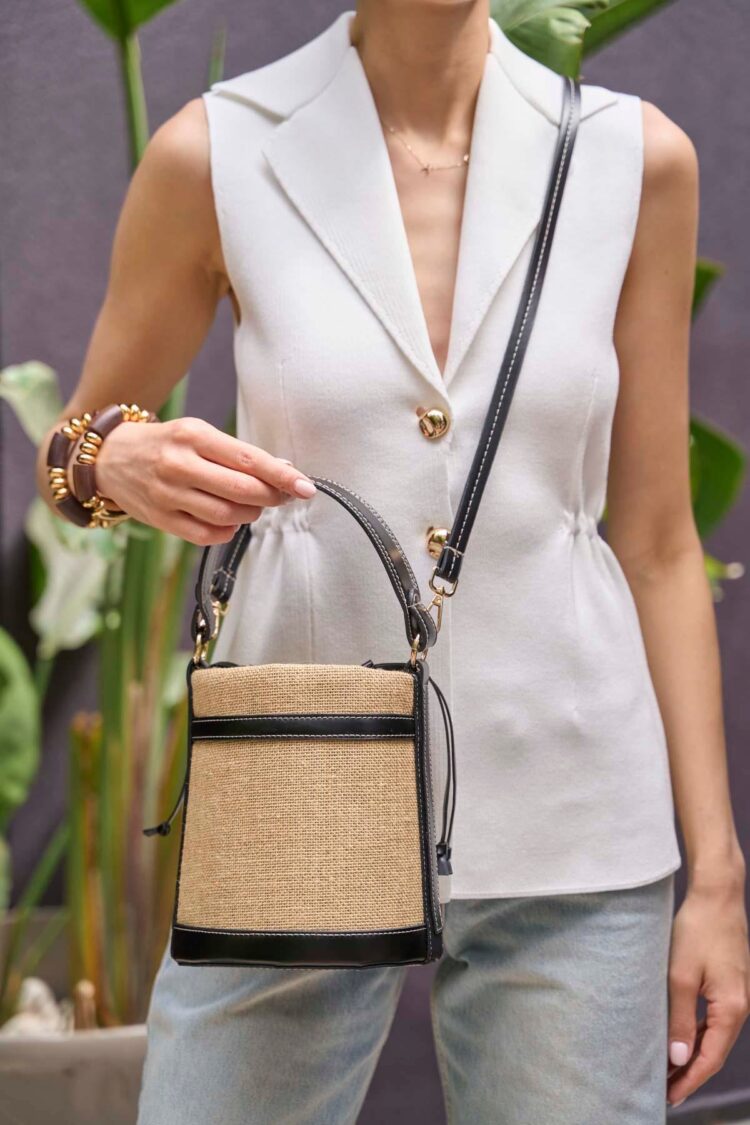 Contrast Stitched Bucket Hand and Shoulder Bag Black Straw