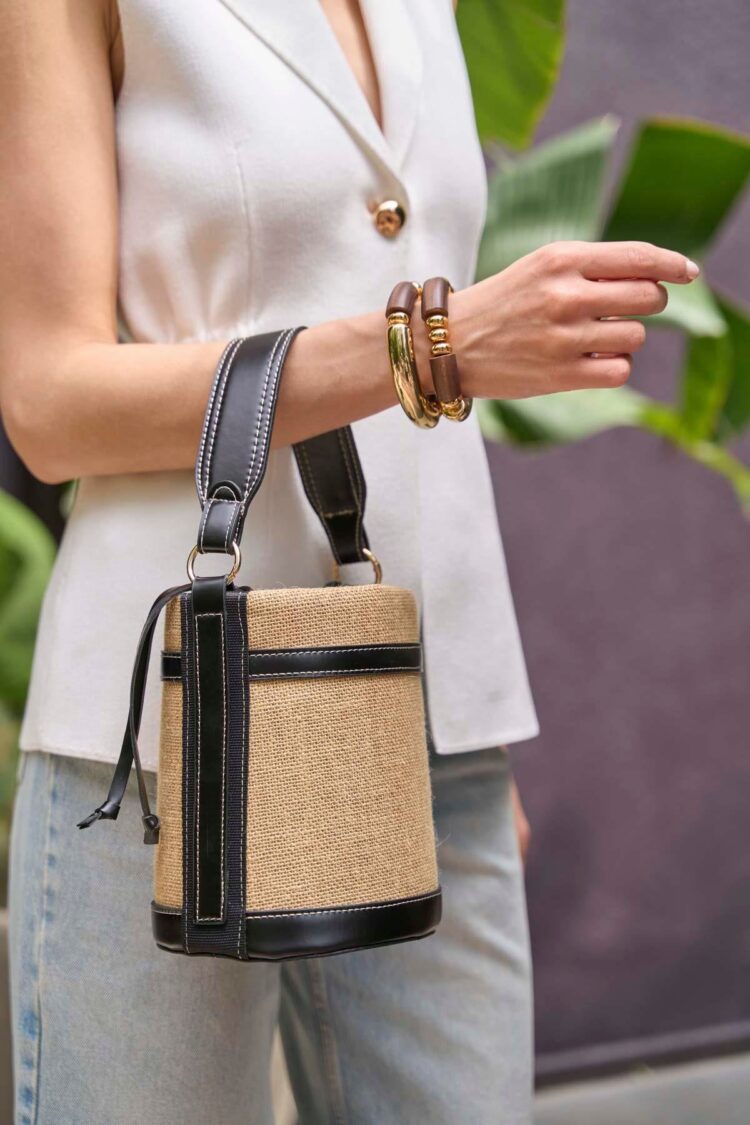 Contrast Stitched Bucket Hand and Shoulder Bag Black Straw