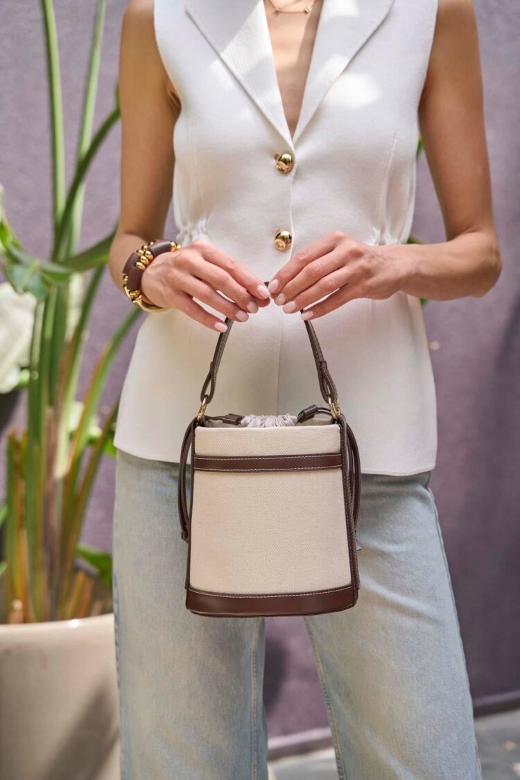 Contrast Stitched Bucket Hand and Shoulder Bag Canvas Brown