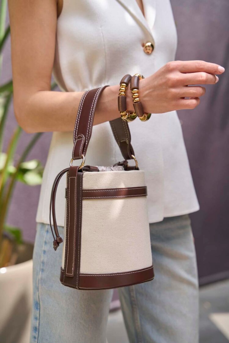 Contrast Stitched Bucket Hand and Shoulder Bag Canvas Brown