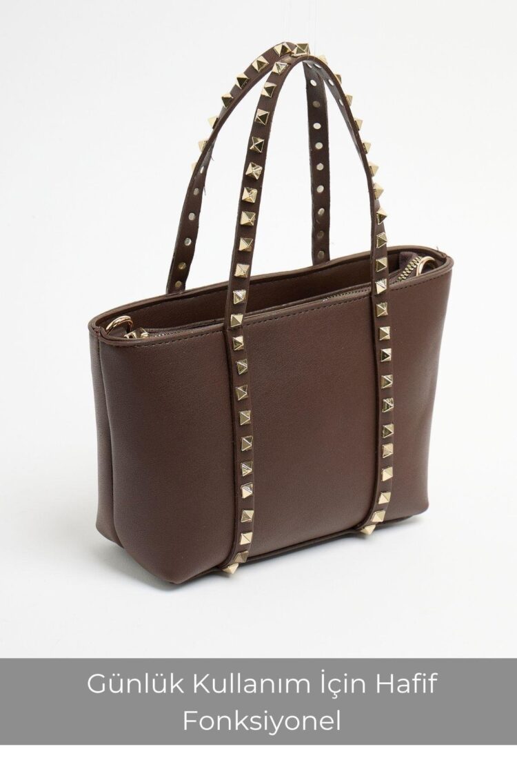 Staple Detailed PU Leather Buckle Hand and Shoulder Bag Brown