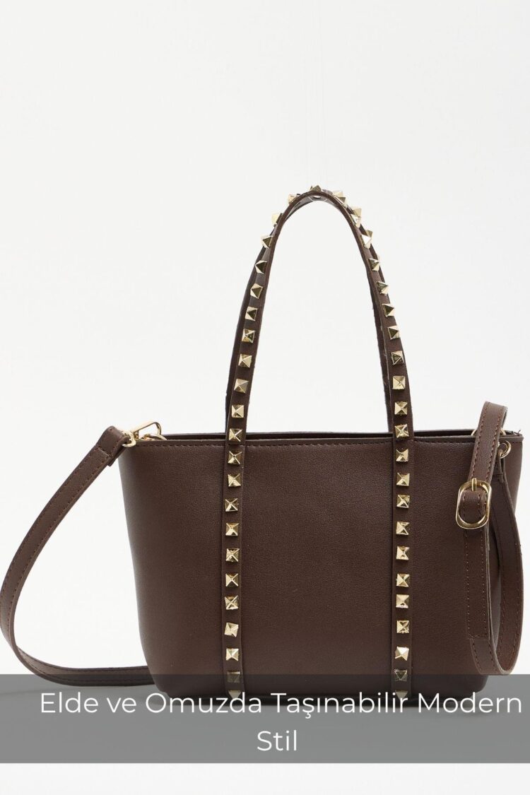 Staple Detailed PU Leather Buckle Hand and Shoulder Bag Brown