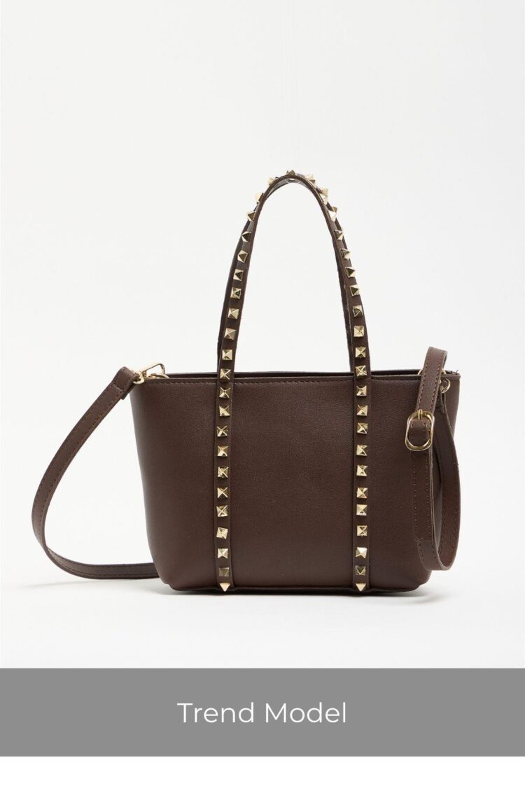 Staple Detailed PU Leather Buckle Hand and Shoulder Bag Brown
