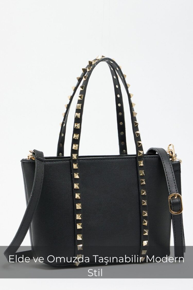 Staple Detailed PU Leather Buckle Hand and Shoulder Bag Black