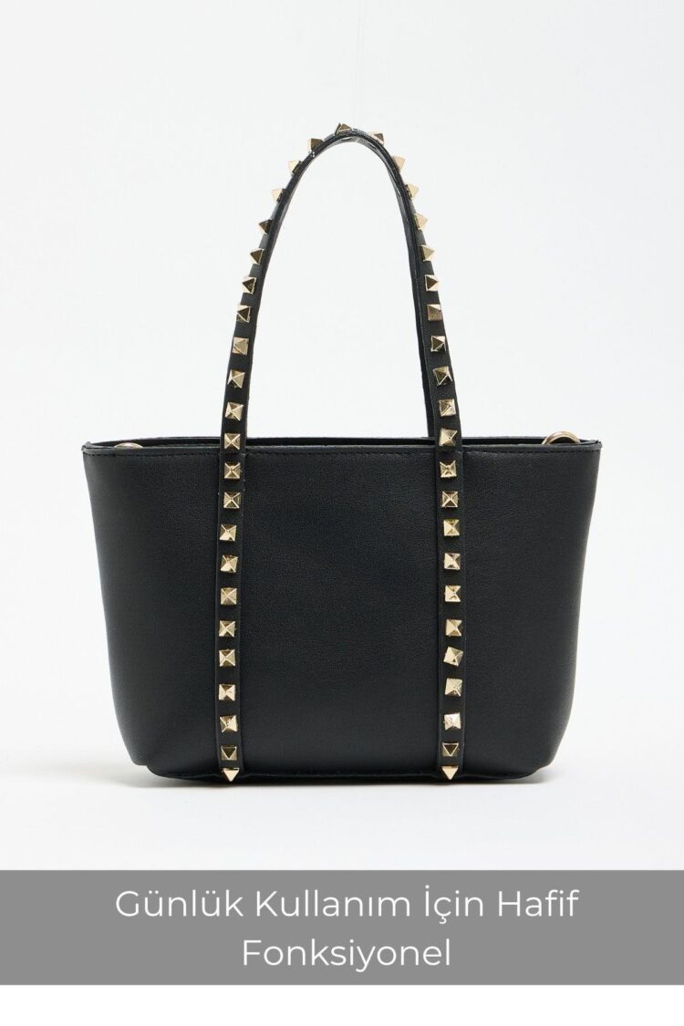 Staple Detailed PU Leather Buckle Hand and Shoulder Bag Black