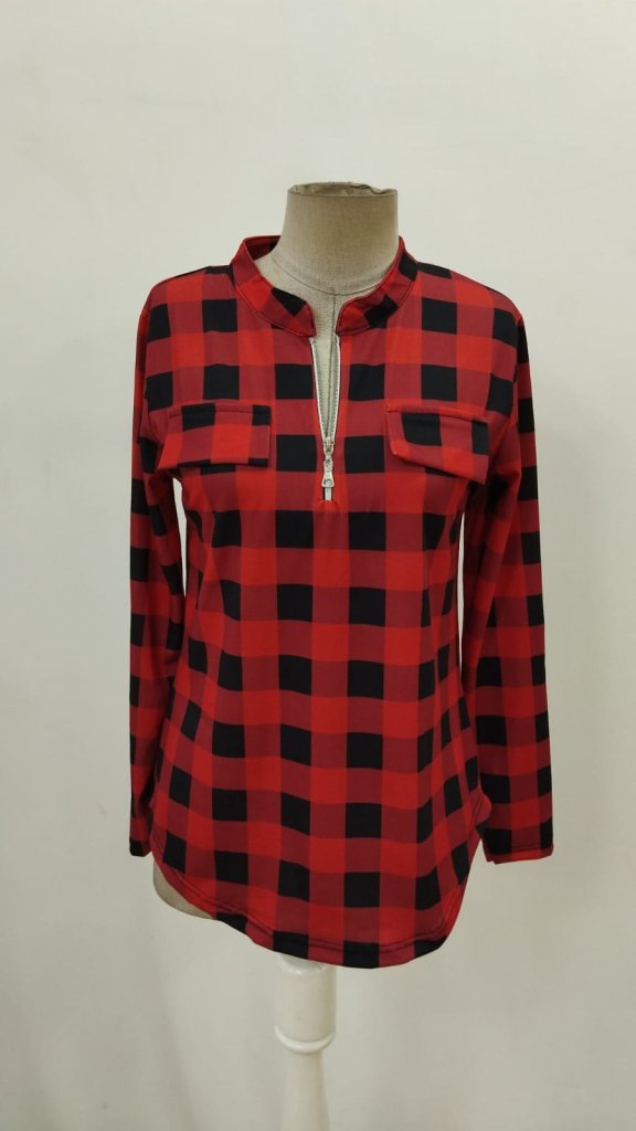 Red Casual Checkered Blouse With Grandad Neck