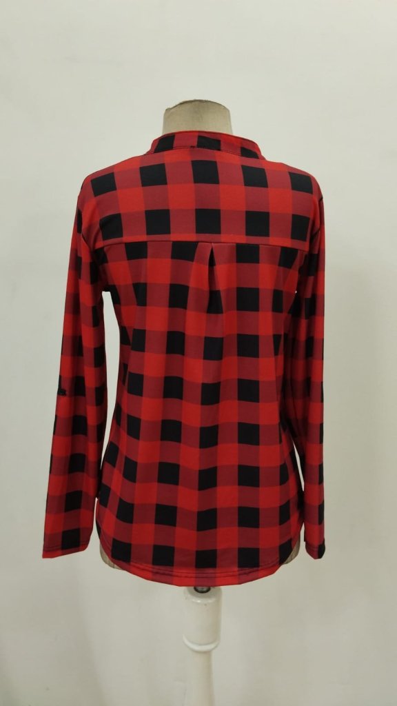 Red Casual Checkered Blouse With Grandad Neck