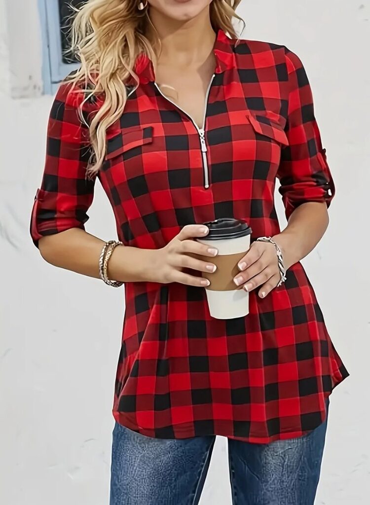 Red Casual Checkered Blouse With Grandad Neck - Brand: Janes - Women & Kids, Baby Clothes Wholesale - Globality Store