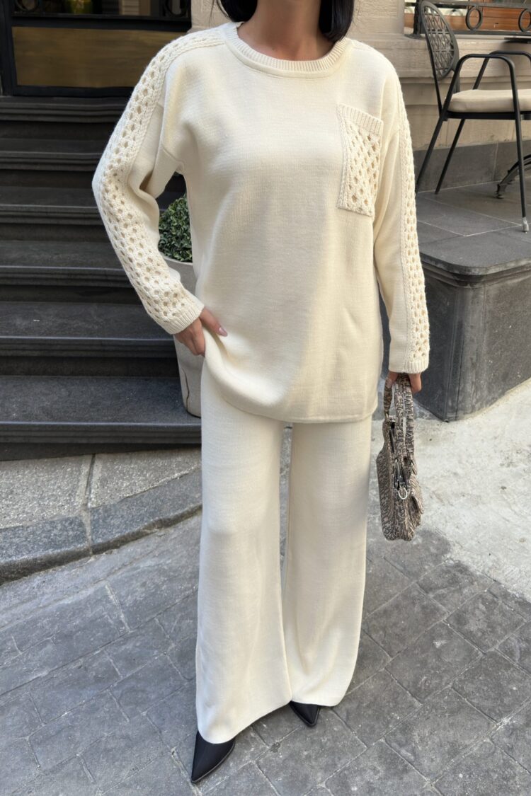 Ecru Patch Pocket Palazzo Suit
