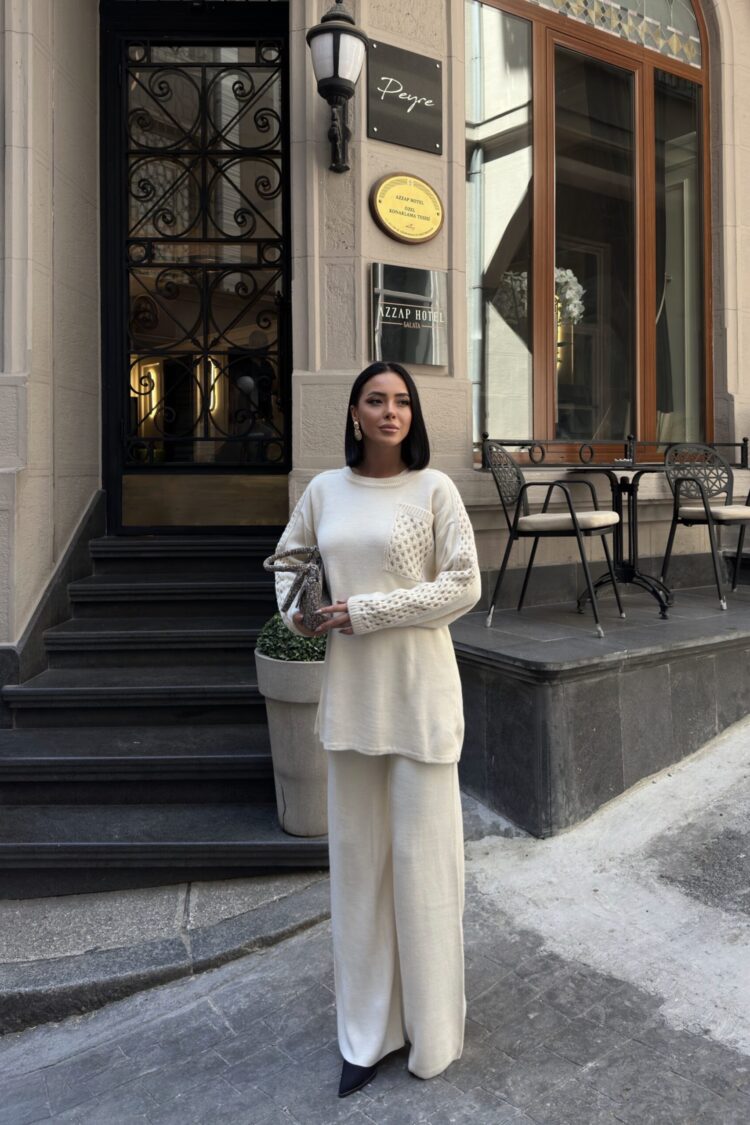Ecru Patch Pocket Palazzo Suit