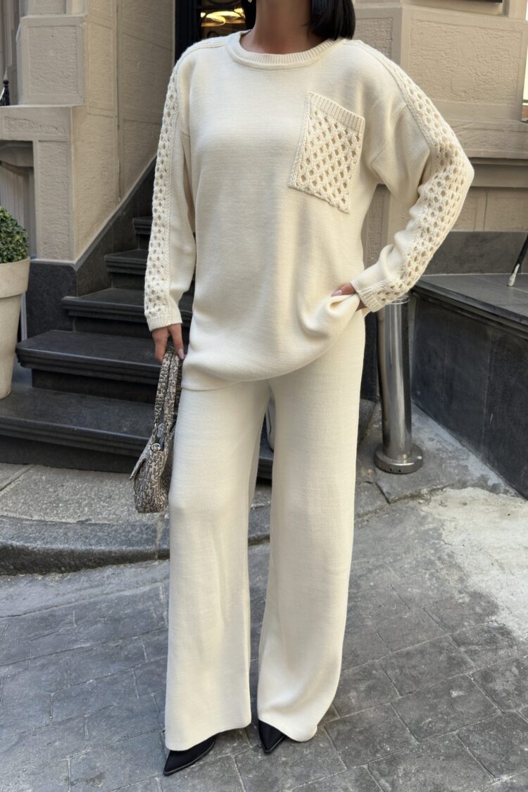 Ecru Patch Pocket Palazzo Suit