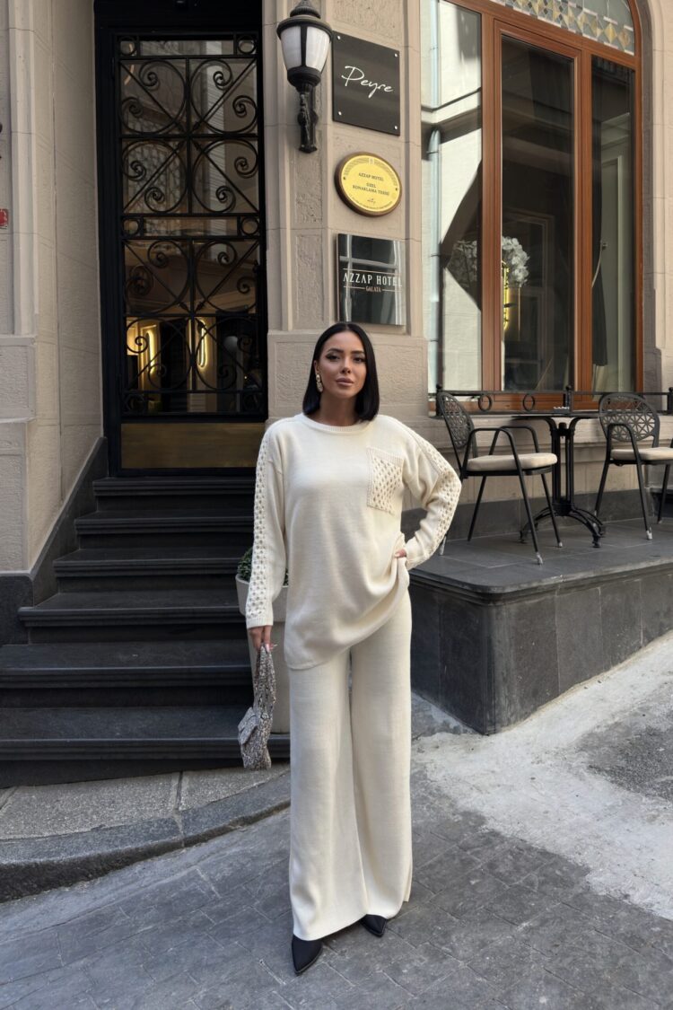 Ecru Patch Pocket Palazzo Suit