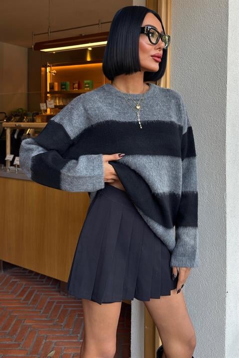 Grey Oversized Fit Striped Sweater