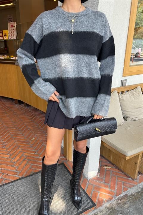 Grey Oversized Fit Striped Sweater