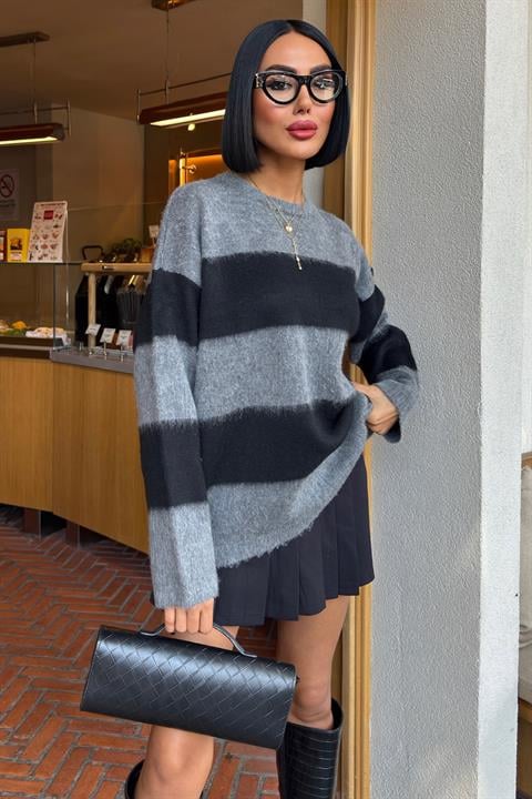 Grey Oversized Fit Striped Sweater