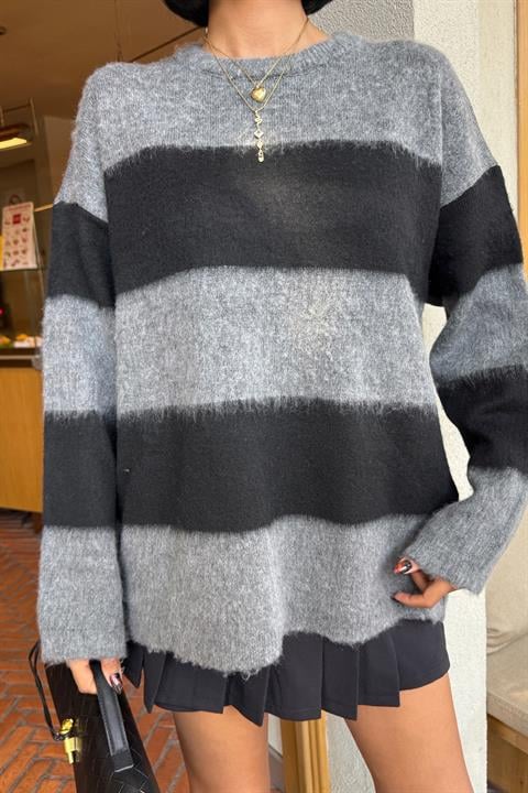 Grey Oversized Fit Striped Sweater