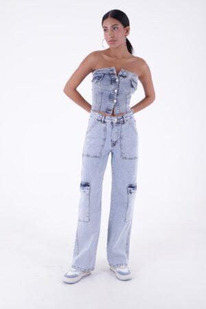 Wide Leg Jeans With Cargo Pockets - Light - Brand: XLove - Women & Kids, Baby Clothes Wholesale - Globality Store