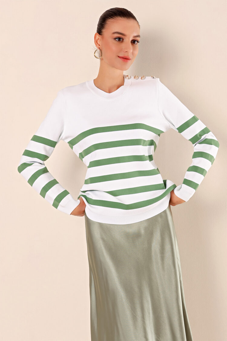 Button Detailed Striped Sweater - C. Çağla