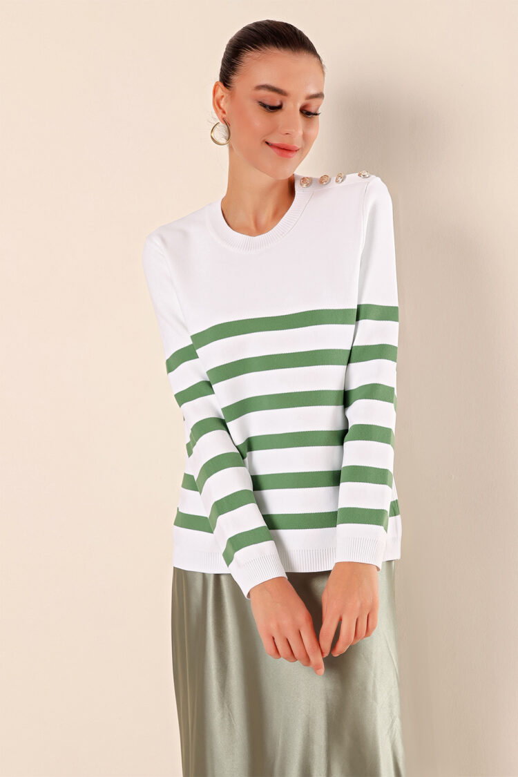Button Detailed Striped Sweater - C. Çağla