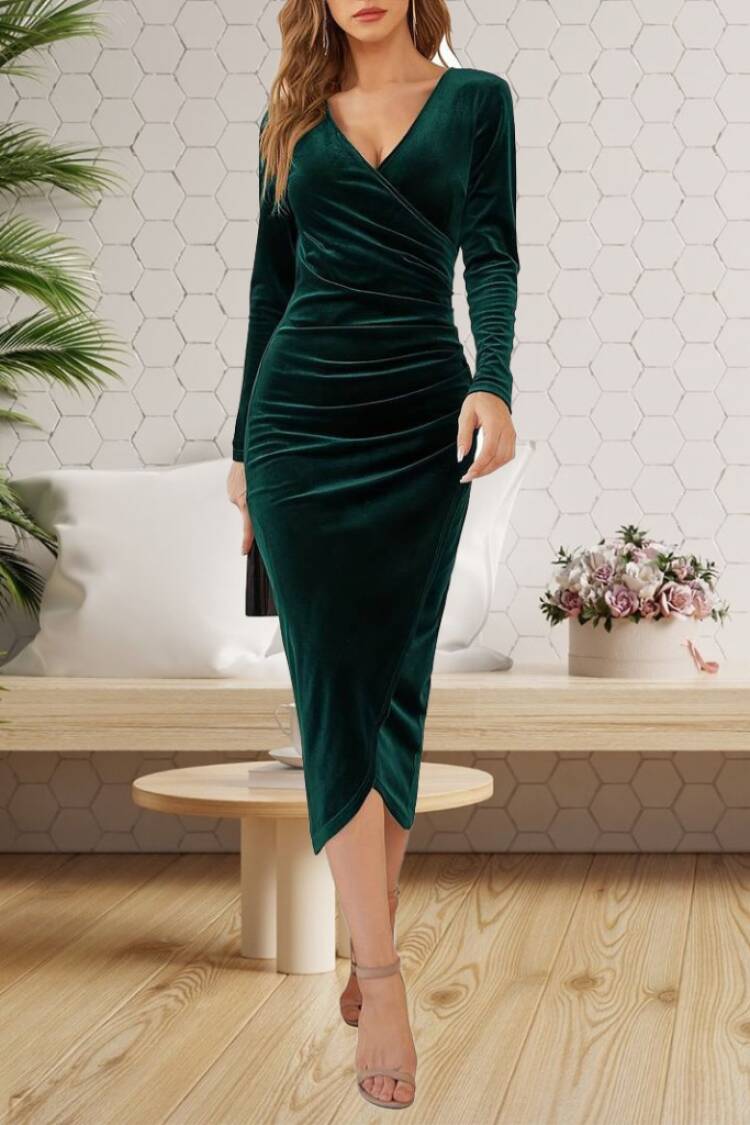 Women's Long Sleeve Double Breasted Waist Gather Detail Midi Velvet Dress - Brand: Janes - Women & Kids, Baby Clothes Wholesale - Globality Store