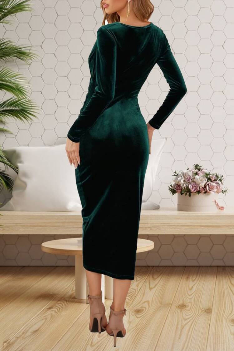 Women's Long Sleeve Double Breasted Waist Gather Detail Midi Velvet Dress