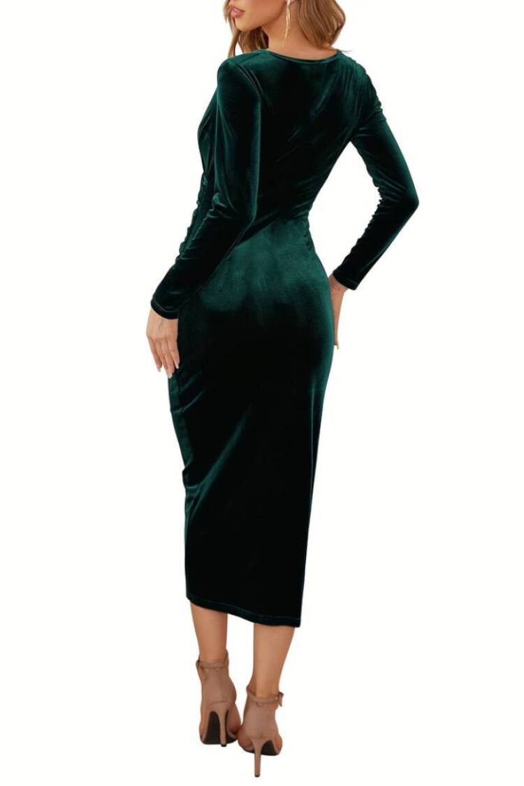 Women's Long Sleeve Double Breasted Waist Gather Detail Midi Velvet Dress