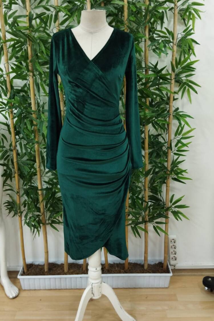 Women's Long Sleeve Double Breasted Waist Gather Detail Midi Velvet Dress